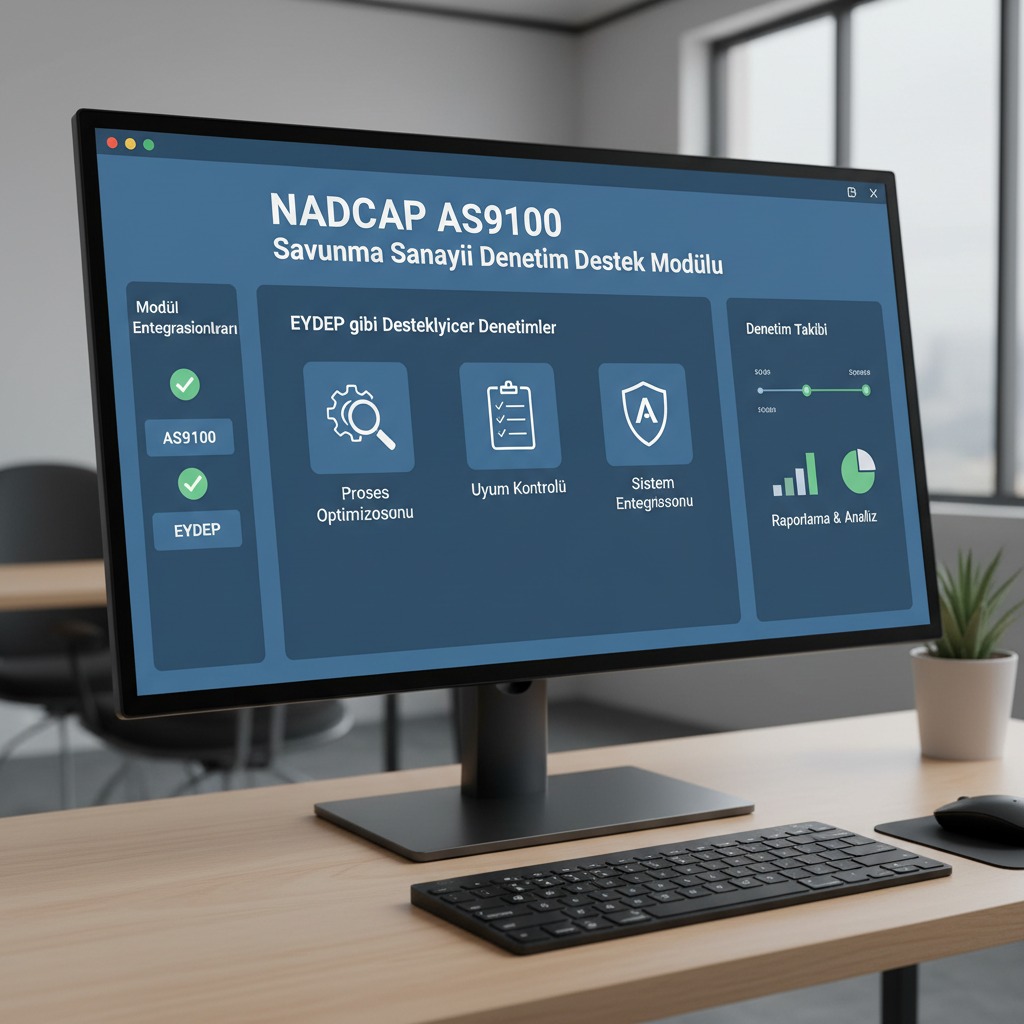 Masa üzerindeki bilgisayar monitöründe NADCAP AS9100 Savunma Sanayii Denetim Destek Modülü arayüzü açıkça görülmektedir.