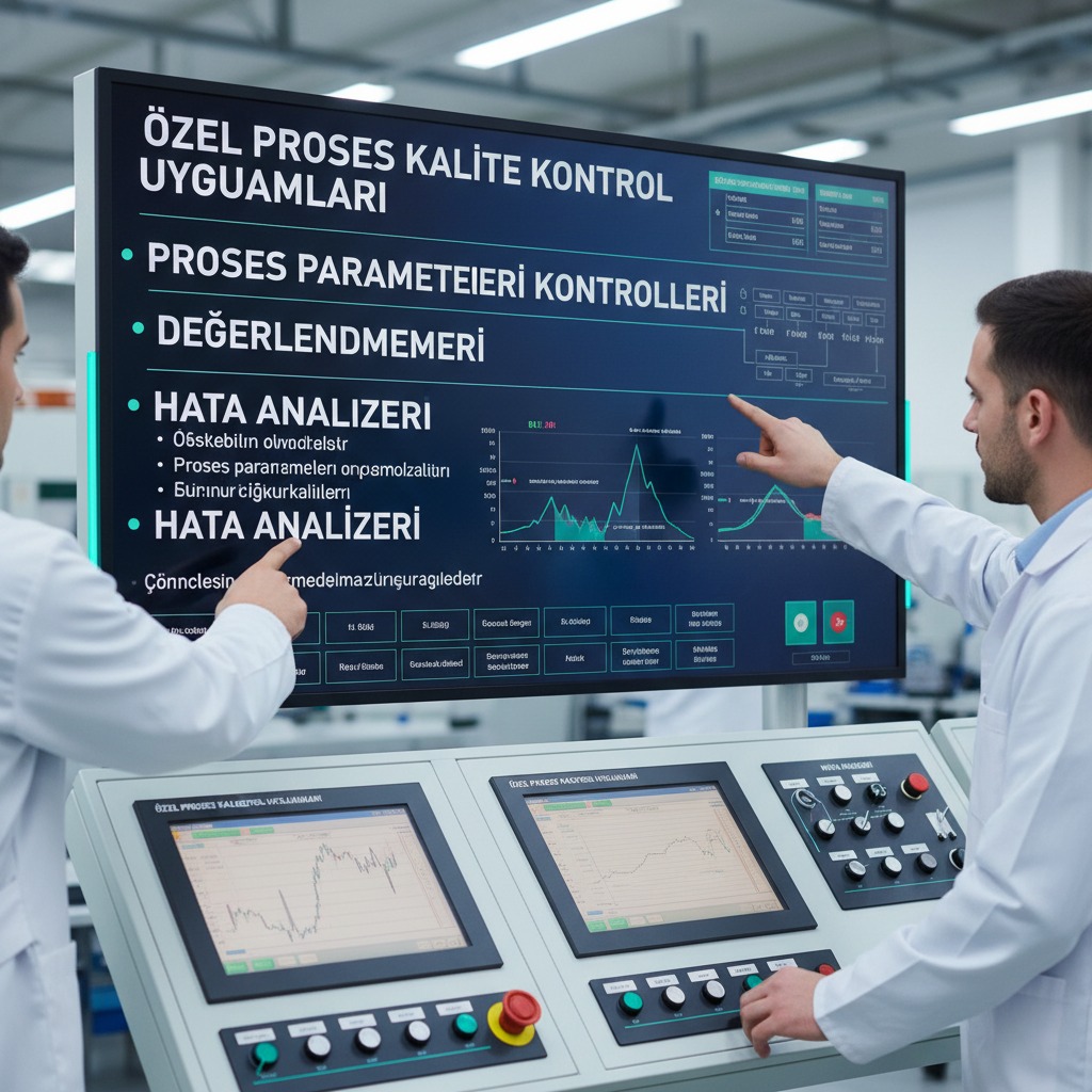 Laboratuvarda iki teknisyen büyük bir ekran üzerindeki kalite kontrol verilerini inceliyor.